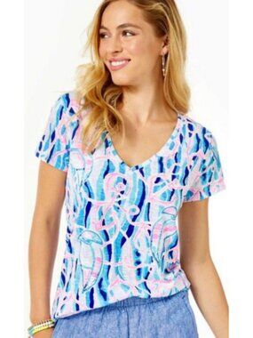 Lilly Pulitzer Etta V-Neck Cotton Top Blue Women's Size XS
